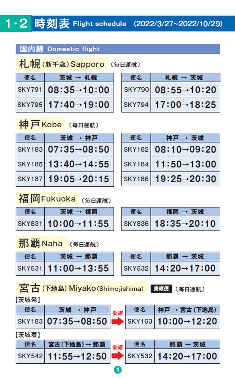 茨城空港時刻表 22年4月